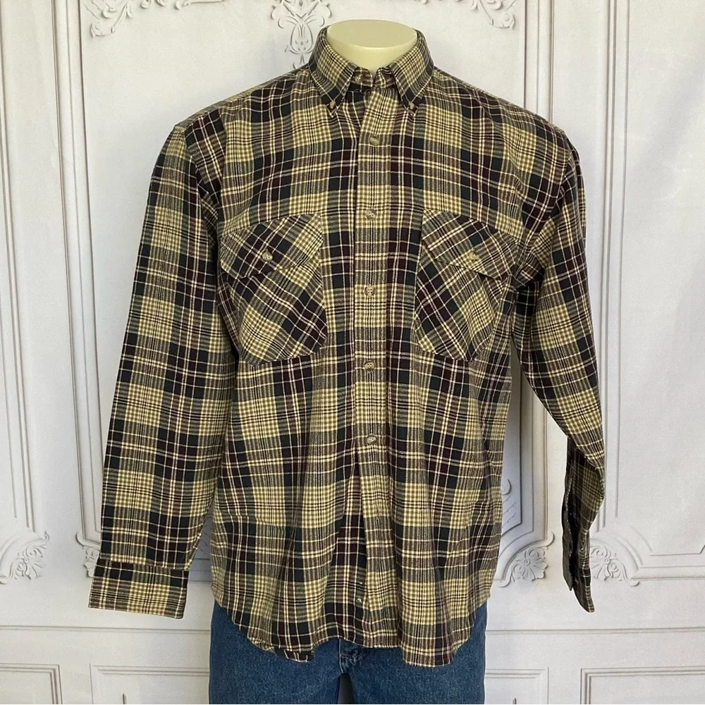 Vintage Outdoor Exchange Plaid Fannel Shirt Mens Size Medium Purple Beige Green - Picture 1 of 4